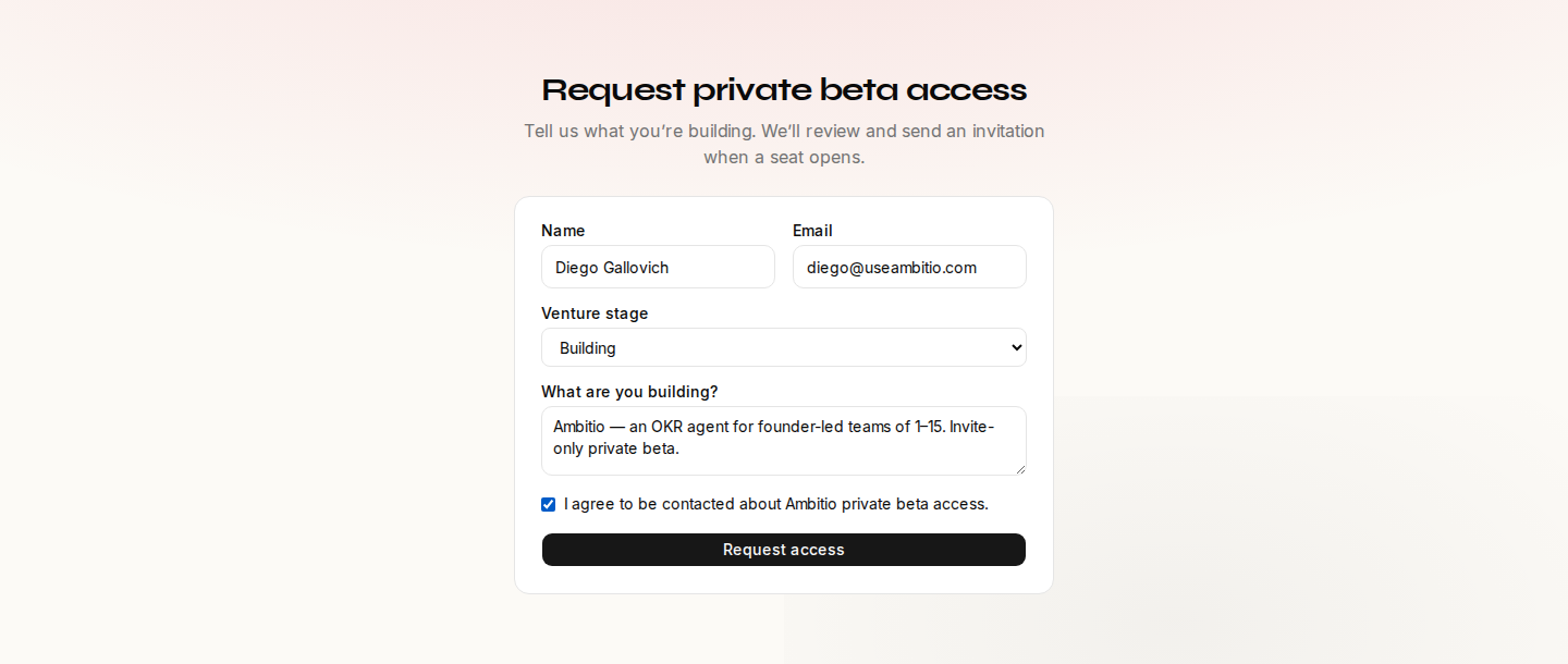 Compositor de la portada de Ambitio con un sitio listo para abrir el espacio de Onboarding de invitado.