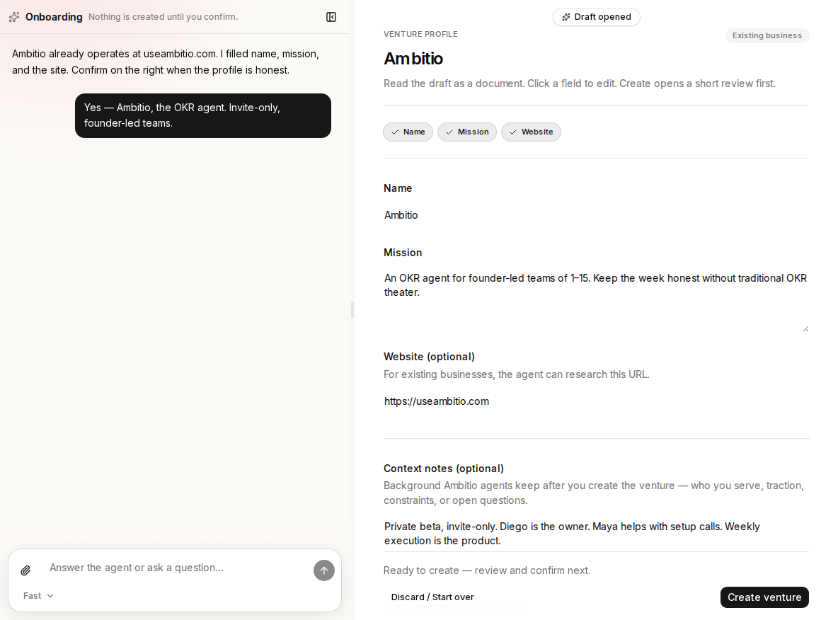 Espacio de onboarding con el nombre, la misión y el sitio de Ambitio en el perfil.