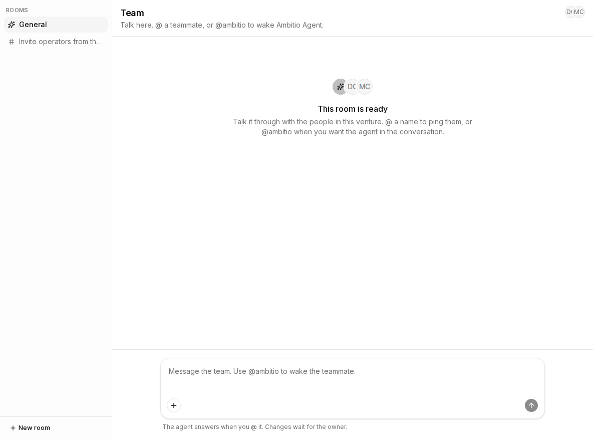 Ambitio Team page with General and the waitlist plan room.